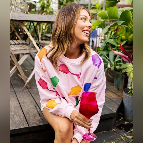 QUEEN OF SPARKLES Sequin WINE GLASS Light Pink Sweatshirt NWT - Picture 3 of 6